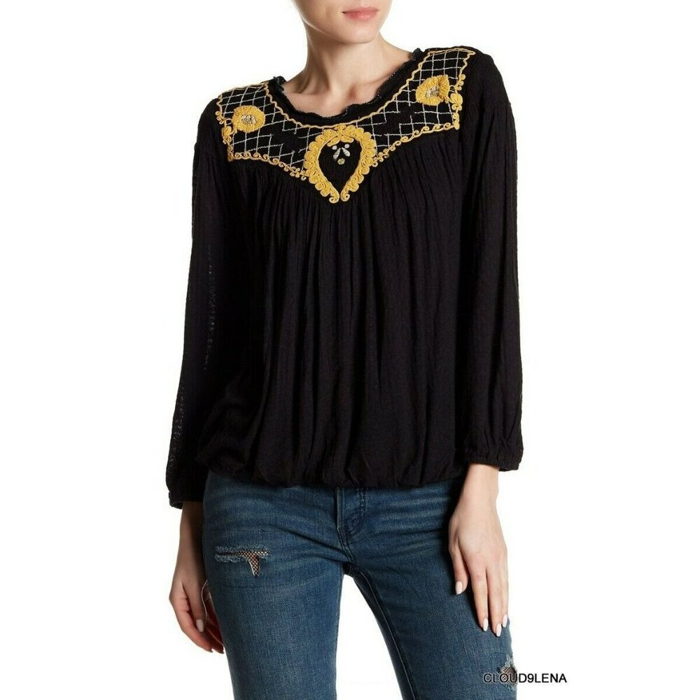 Free People  Begonia Black Embroidered Top Womens Small Boho‎ Blouse
